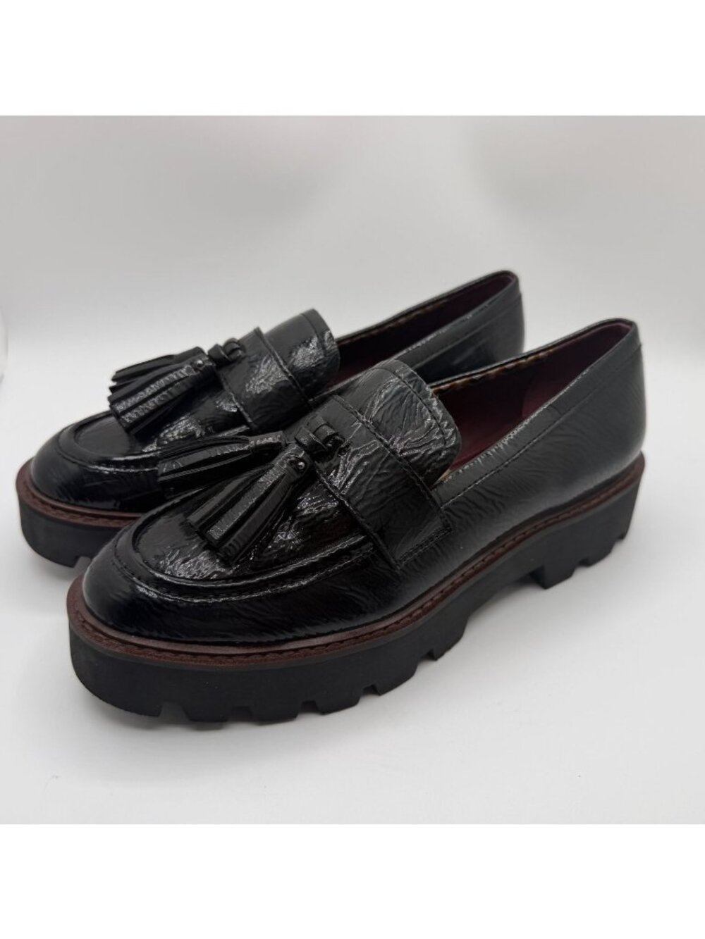 Franco Sarto Balimina Tassell Loafers Women Size 7M Black Patent Leather Chunky